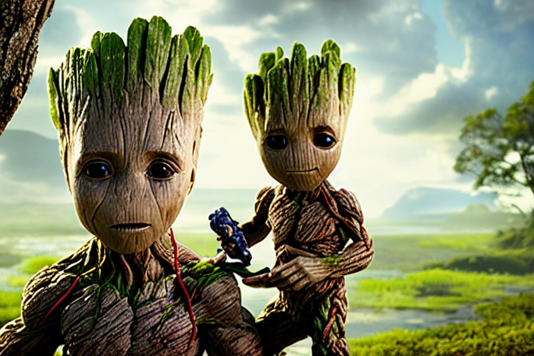 prompthunt: an ultra realistic, cinematic headshot portrait, of baby groot,  eating a whole banana, background of a vast serene landscape, with trees  and rivers, detailed, deep focus, movie still, dramatic lighting, ray