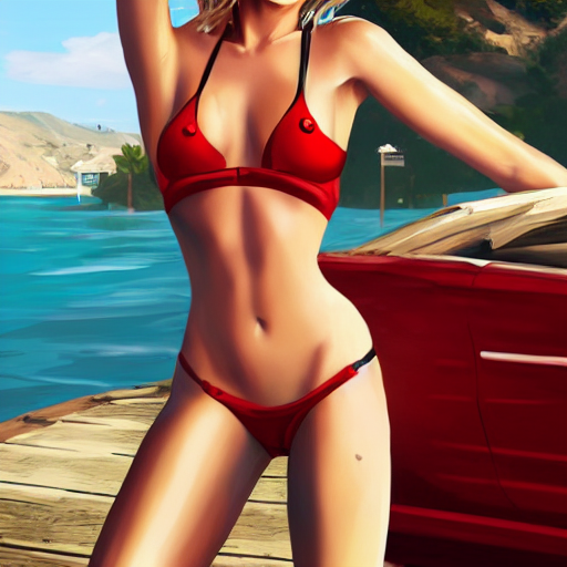 prompthunt: vanessa kirby as hattie in gta v wearing a red bikini taking a  selfie, cover art by stephen bliss, artstation, no text