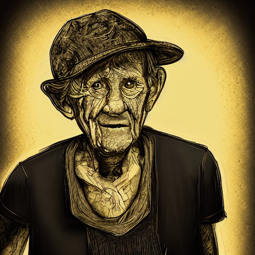 detailed half body digital art of a old person wearing ragged and ruined clothes. the background is pure black with a little bit of glow behind the character