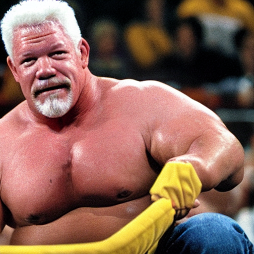 wrestling superstar Scott Steiner enjoying cheeseburgers in a hockey arena