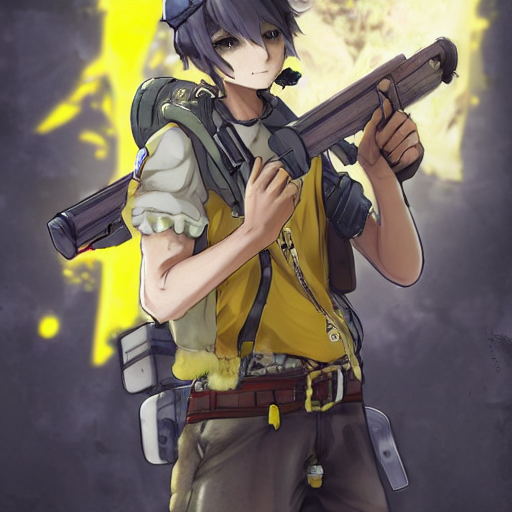  prompthunt un retrato de un chico de anime con una gorra, con iris amarillos brillantes, vestido con una camisa amarilla y un chaleco negro encima, sosteniendo un rifle de francotirador, en el