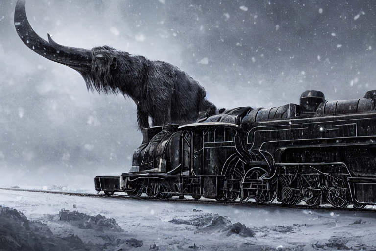 prompthunt: a grand intricate futuristic black steam train next to a giant  mammoth, post - apocalyptic ice landscape in snowstorm, concept art,  artstation, highly detailed, digital art