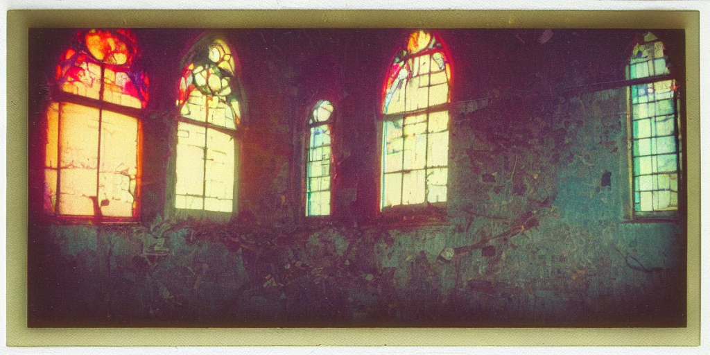 prompthunt: analog polaroid of an abandoned church, light coming through  colourful stained windows, ambient light, gritty
