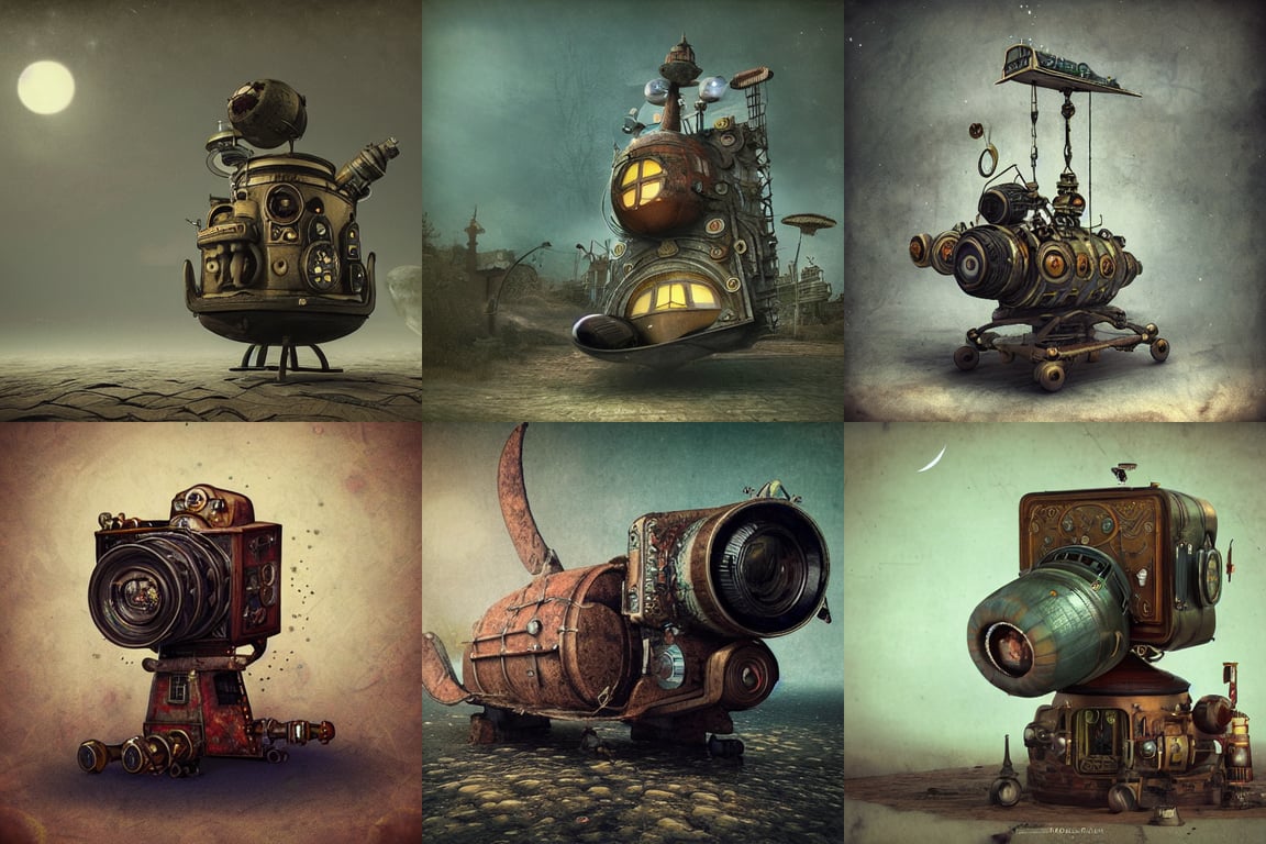 Alexander Jansson style, great spacecraft shaped like a vintage photographic camera, Realistic, Many Details, Ultra Detailed, Octane Render