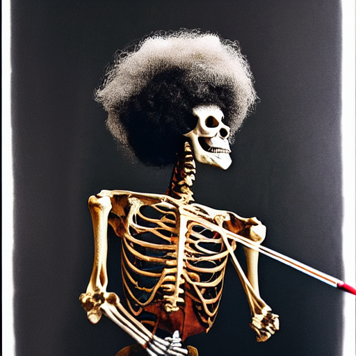 prompthunt: portrait photograph, Realistic Skeleton wearing an afro wig and  playing the violin