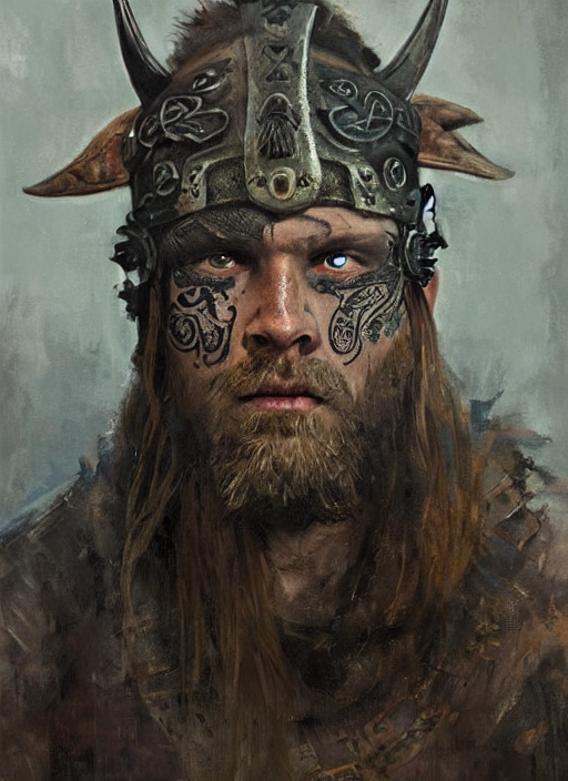 portrait painting of viking berserker with celtic face tattoos wearing a dinosaur headdress, by jeremy mann, only one head single portrait