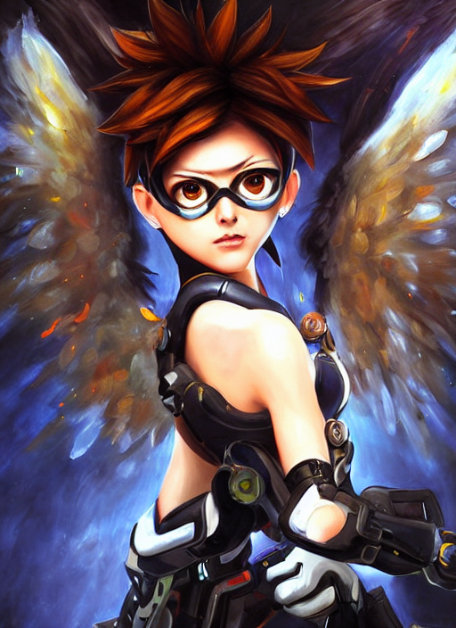 prompthunt: full body oil painting of tracer overwatch in the style of  sophie anderson, angel wings, black outfit, dramatic painting, wearing  steel collar,