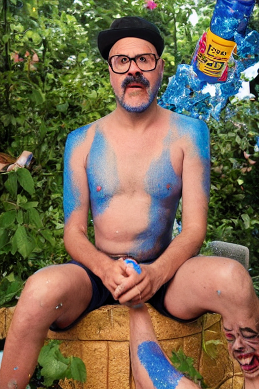 prompthunt: David cross as Tobias fünke in blue body paint and cutoffs  drinking glitter from a garden hose, highly detailed portrait