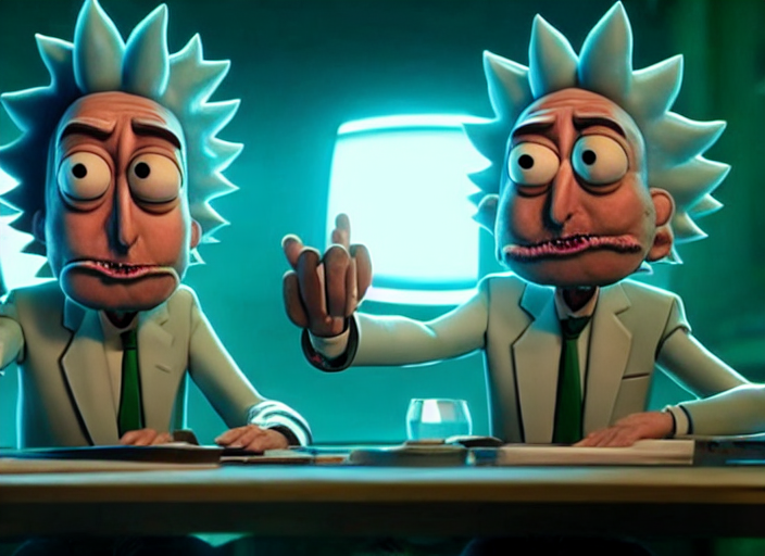 real life film still of rick sanchez and mortimer in, Stable Diffusion