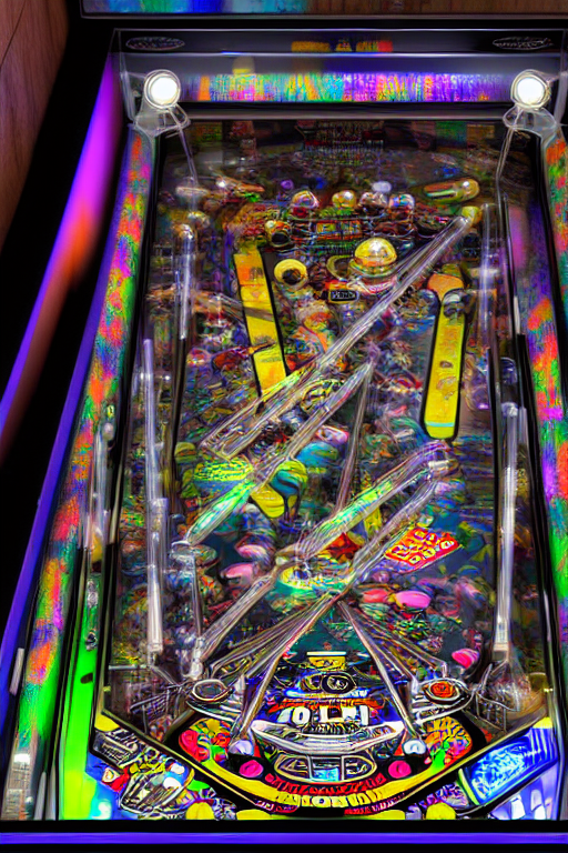 prompthunt: a detailed pinball table layout overhead view, game art,  realistic digital art, fluorescent colors, halluzinogenic, multicolored,  exaggerated detailed, unreal engine