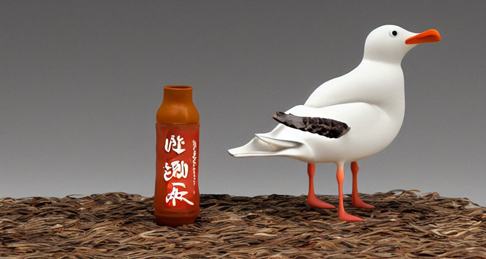 prompthunt seagull drinking a bottle of soy sauce, clay animation