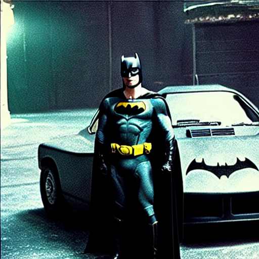 prompthunt: henry cavill as batman in batman ( 1 9 8 9 ), standing next to  the batmobile, by tim burton, dark deco, gotham city, film still