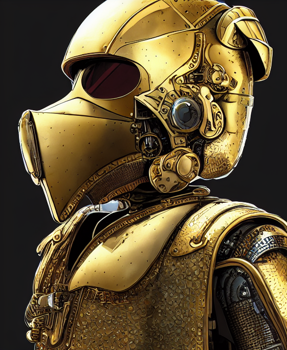 prompthunt: a portrait of a cyberpunk warrior with golden steampunk armour  and a futuristic helmet with a cybernetic visor by Moebius, 4k resolution,  photorealistic