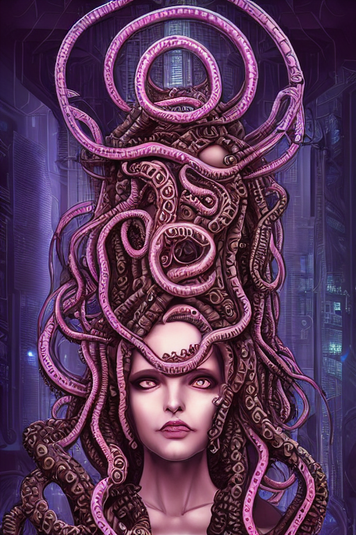 Perfectly-centered Hyperdetailed cinematic RPG portrait-illustration of a beautiful Aetherpunk Lovecraftian Medusa with symmetrical features, style of a comic-book cover, awesome pose wearing a modest cyberpunk outfit and long ravepunk snakes as hair, standing next to tall bio-luminiscent skyscrapers. Professional post-processing and HDR digital airbrush painting, arthouse, cosmic horror, surreal otherworldly mood, award winning picture, trending on Gsociety and ArtstationHQ, neon-noir background, glowing rich colors, 8K, 3D rim light, 3d final render, 3d shading, unreal 5, octane render, iridiscent accents, psychedelic highlights and overtones, dramatic shadows, dynamic and atmospheric lighting, anamorphic lens, sharp focus