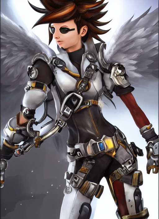 prompthunt: full body artwork of tracer overwatch, wearing white steel  armor outfit, in style of mark arian, angel wings, dramatic painting,  wearing detailed leather collar, ornate highly detailed white shiny armor,  chains,