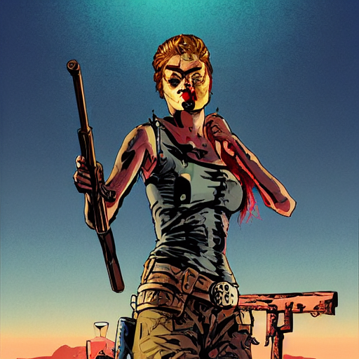 prompthunt: a comic noir illustration of a wild western woman hunting  zombies in a post - apocalyptic desert, mad max, by queens of the stone  age, by sachin teng, by tristan eaton,