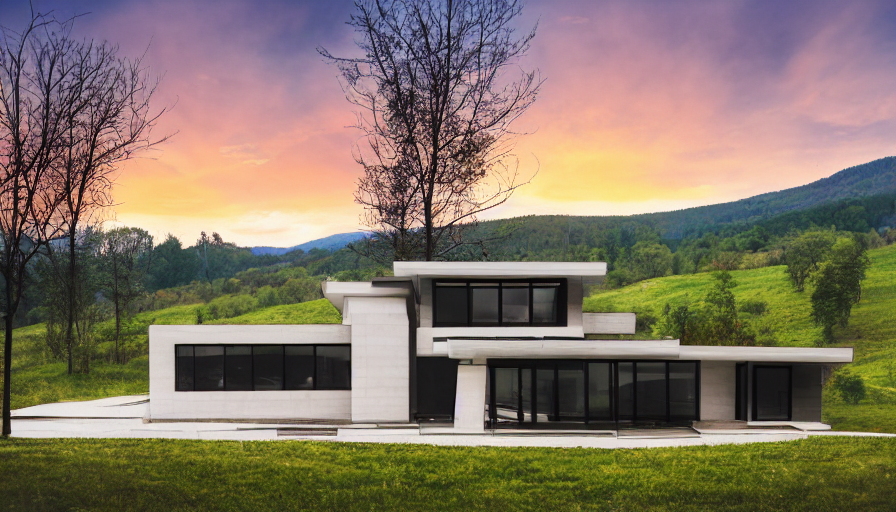 prompthunt: photo realistic post modern home on a river bend, hills,  mountains, sunset, trees in the background, moody scene, anamorphic lens,  kodak color film stock