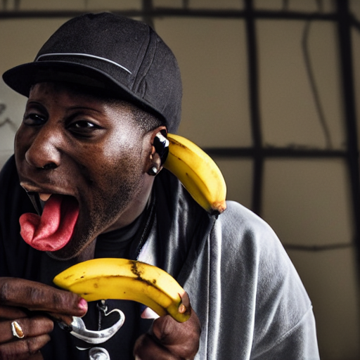 prompthunt: angry gucci mane eating bananas in the hood, 8k resolution,  full HD, cinematic lighting, award winning, anatomically correct