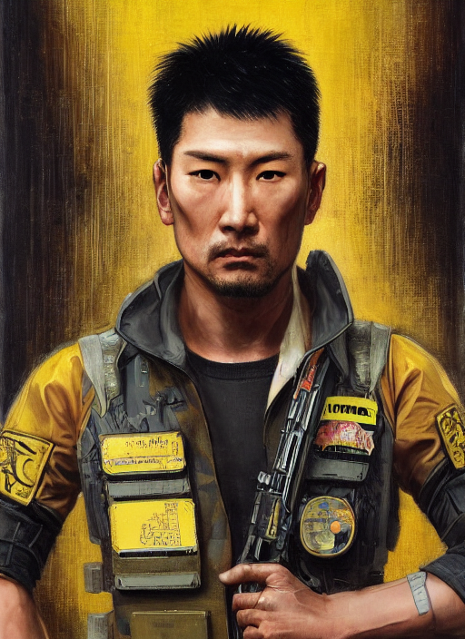 hiro tanaka. Handsome cyberpunk USN marine wearing a military vest and a black and yellow tactical jumpsuit (cyberpunk 2077, bladerunner 2049). Handsome face. Iranian orientalist portrait by john william waterhouse and Edwin Longsden Long and Theodore Ralli and Nasreddine Dinet, oil on canvas. Cinematic, hyper realism, realistic proportions, dramatic lighting, high detail 4k