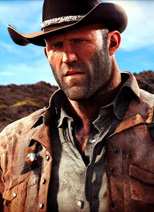 an film still of jason statham as cowboy with beard, western background, unreal engine. amazing likeness. very detailed.