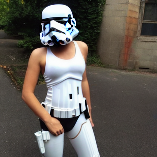 prompthunt: female stormtrooper with stormtrooper - helmet in white bikini,  bending over, tattoos of star wars symbols, graffiti style
