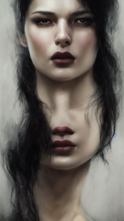 prompthunt: Face of a beautiful woman with very black hair, intimidating  woman, large black eyes, high forehead, smooth pale skin, ethereal skin,  ominous, eldritch. oil painting by nuri iyem, james gurney, james