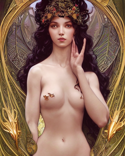 beautiful sexy ethereal queen of the philodendron art nouveau, D&D, fantasy, intricate, elegant, highly detailed, digital painting, artstation, concept art, matte, sharp focus, illustration, hearthstone, art by Artgerm and Greg Rutkowski and Alphonse Mucha