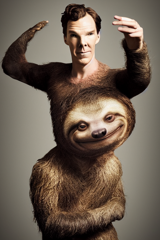 prompthunt: Benedict Cumberbatch morphing into a sloth, studio photography