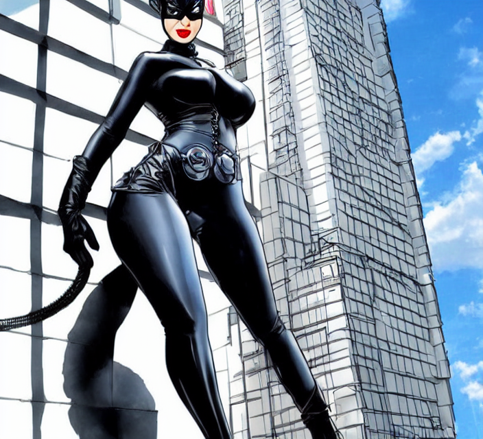 catwoman on skyscraper roof, leather costume