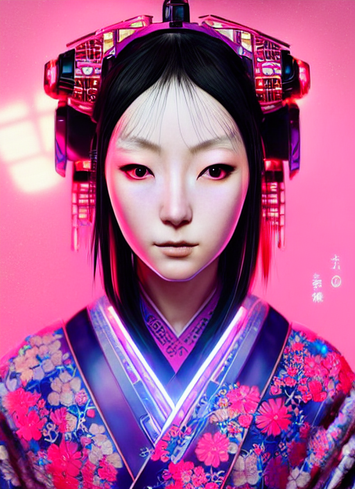 prompthunt: portrait of female japanese android in elaborate kimono dress,  wearing a vr headgear, hologram hovering around her, intricate detail,  cyber neon lighting, highly detailed, digital photography, artstation,  glamor pose, concept art,