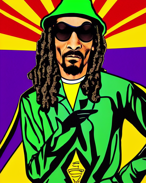 prompthunt: pop art, snoop Dogg dressed as a green Superman with a  marijuana logo, Long Beach background, sunset