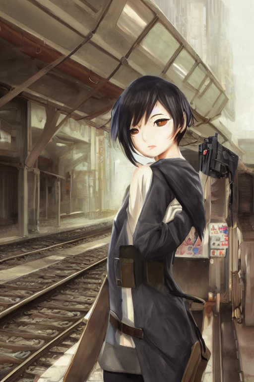 prompthunt: anime girl with short black hair wearing military clothes at a  train station in japan, aesthetic, wlop, digital painting, trending on  artstation, highly detailed, epic composition, 8 k uhd