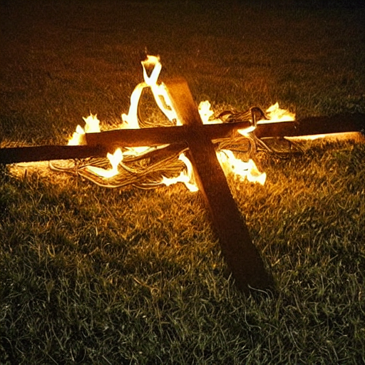 prompthunt: “a burning flaming cross on fire made from twisted cables on a  grass lawn at night, dark night. Flash photograph.”