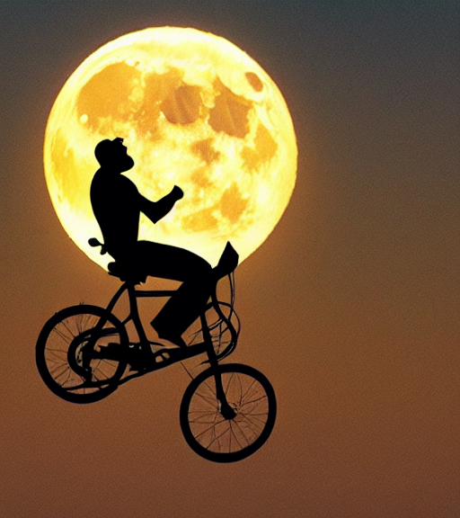 prompthunt: the hulk is riding a flying bike across the full moon as  silhouette, from the movie e. t. the extra terrestrial, with dark trees in  foreground, cinematic frame by steven spielberg,