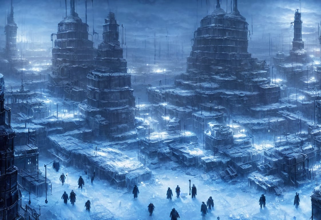 frostpunk style concept art of frozen city with industrial machines, matte painting, beautiful render, octane render, concept art