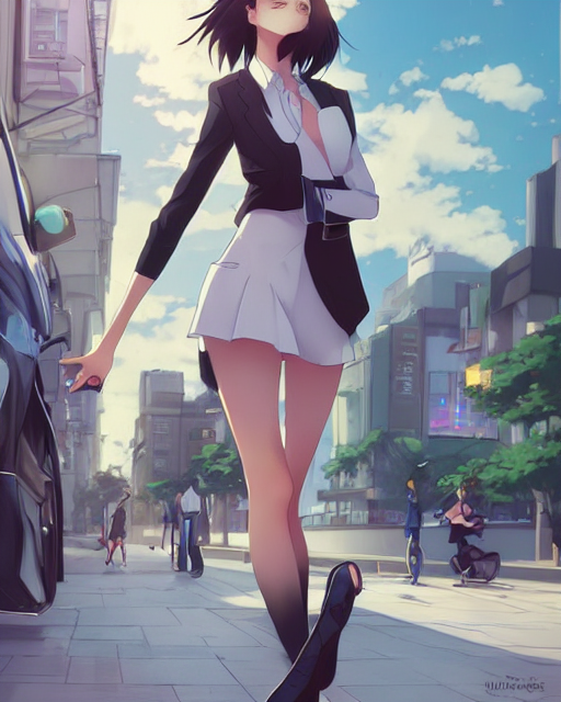 prompthunt: a girl on a busy modern street, very sexy outfit, very anime,  medium full shot, visible face, detailed face, perfectly shaded,  atmospheric lighting, by makoto shinkai, stanley artgerm lau, wlop,  rossdraws