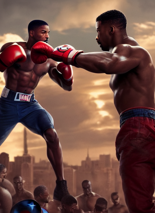 prompthunt: Full Scene of shirtless Micheal B Jordan with red boxing  gloves, He is punching captain america in the face, Captain America is  Chris Evans, realistic, detailed, 4k by Greg Rutkowski Mark
