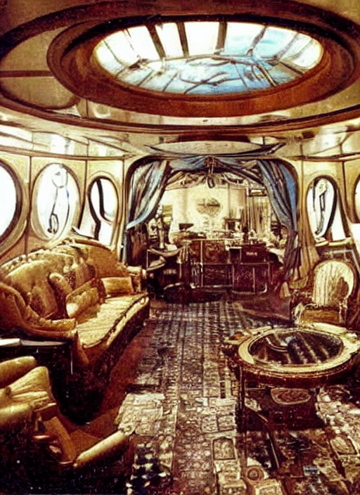 captain nemo's luxury victorian living room on the nautilus with views out porthole windows of ocean life