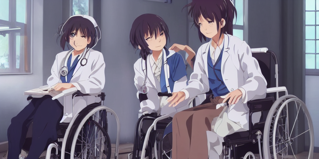  prompthunt una doctora linda y joven con bata blanca, un paciente anciano de años en silla de ruedas, sala de hospital, anime de rebanadas de vida, cinemático, realista, escenario de anime de Naoshi Arakawa y
