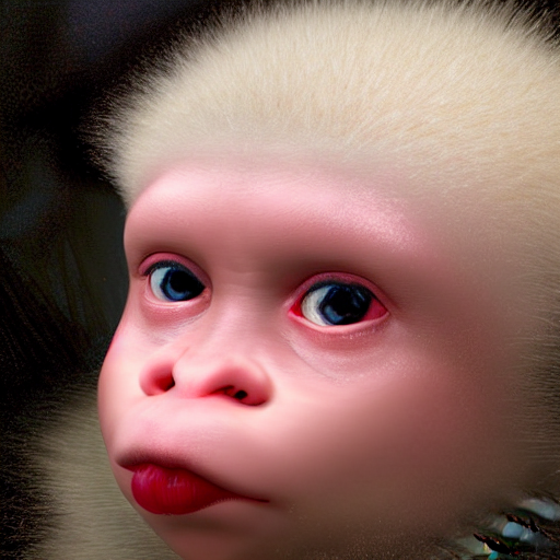 Resignation Statistikker vandtæt prompthunt: magical scene. the sweet old very fat baby white monkey, red  lips, blue eyes, is in love with her fancy beautiful colorful white fish.  close up. clear face. subsurface scattering shiny