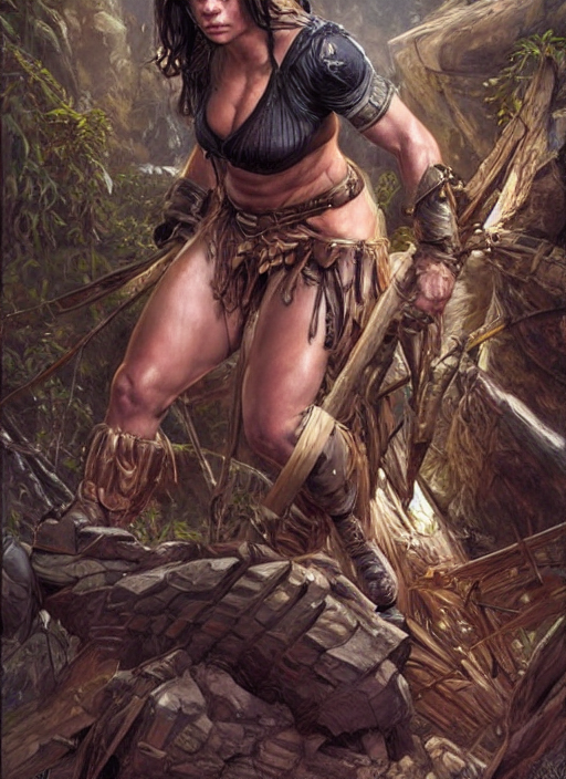 exhausted Mila Kunis as a very muscled rugged looking Amazon, dirty, sweating, intricate, elegant, highly detailed, artstation, concept art, sharp focus, art by artgerm and donato giancola and Joseph Christian Leyendecker, WLOP