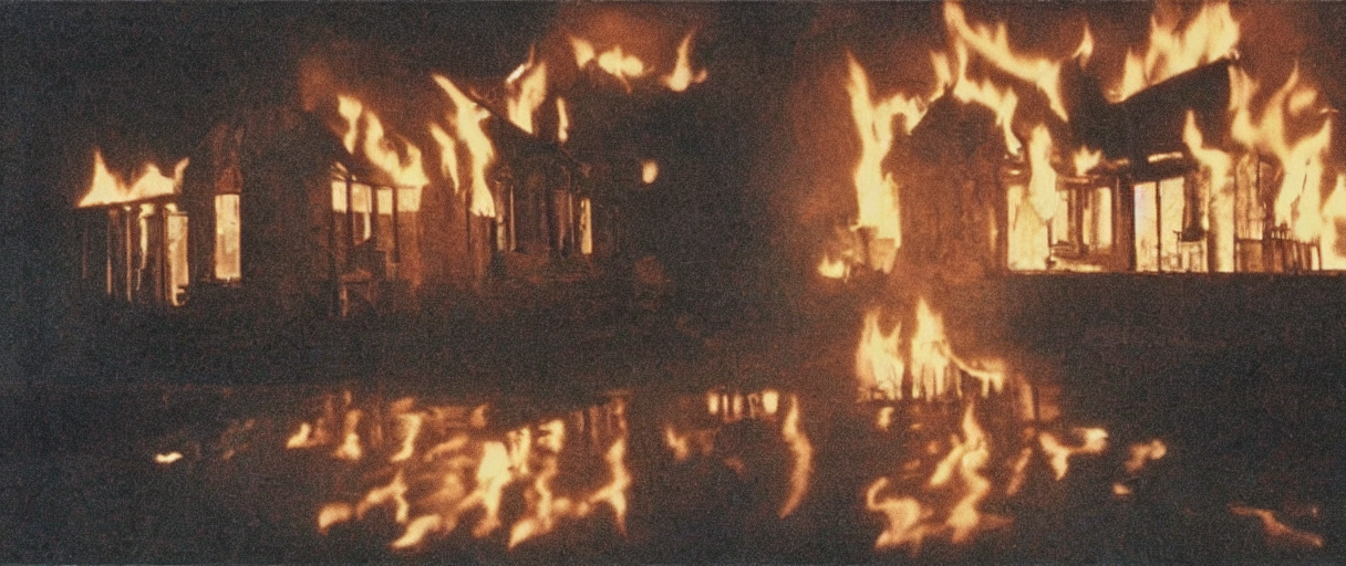 prompthunt: film mirror (1975) by andrei tarkovsky, house engulfed by sea  of flame, evening