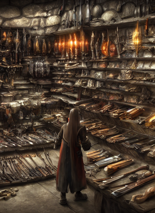 prompthunt legendary weapon seller in his store selling weapons, ultra