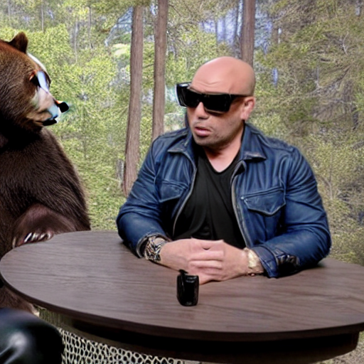 prompthunt: Photo of an oversized grizzly bear wearing sunglasses and a  leather jacket being interviewed on the Joe Rogan podcast experience,  hyperreality, 8K UHD