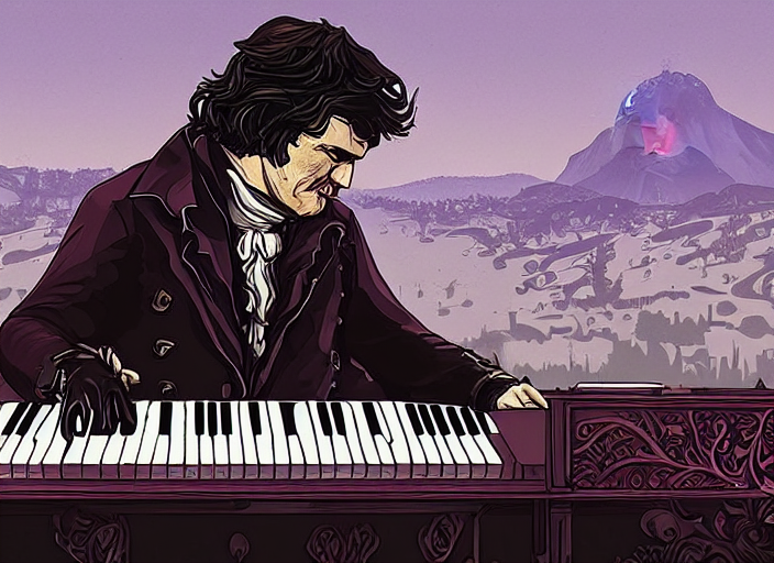 prompthunt: beethoven playing the piano, bloodborne kingdom in gta v by  android jones and petros afshar, tom whalen, james gilleard
