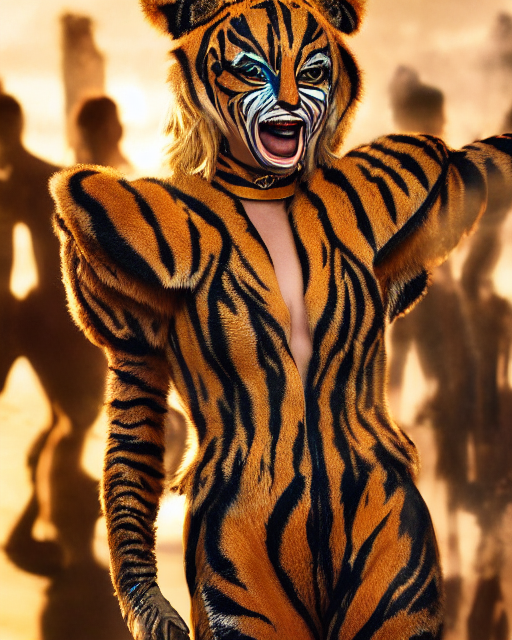 HD photograph of margot robbie with tiger body paint,, Stable Diffusion