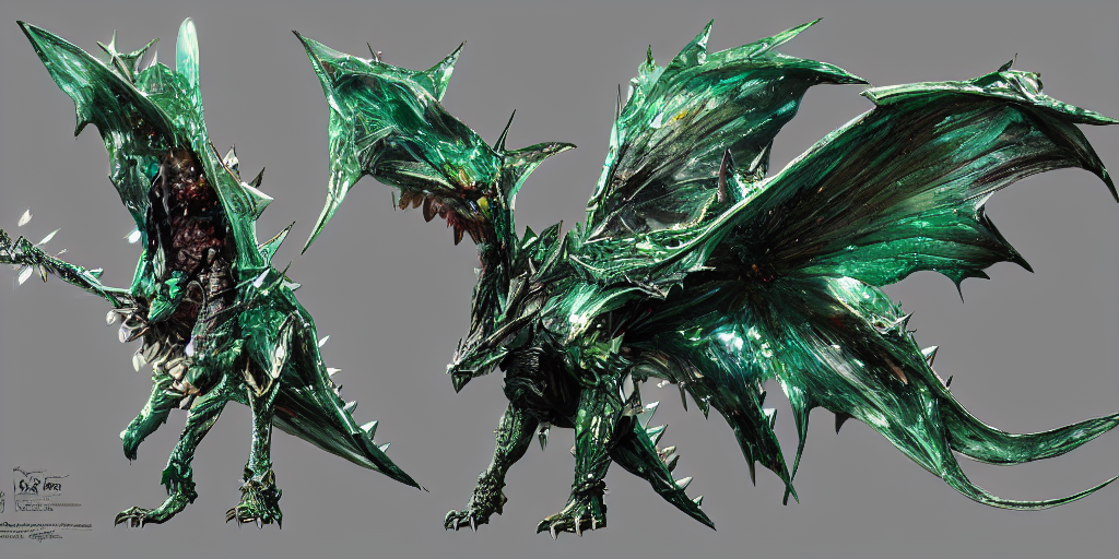 prompthunt: Emerald four legged crystal bat, character design sheet, Monster  Hunter Illustrations art book, big claws, sharp fangs, huge wings, long  tail, iridescent scale patterns, cluster of crystals as spikes on its