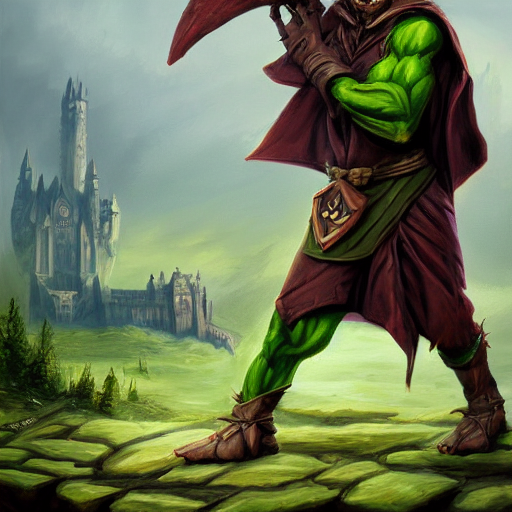 goblin wizard, oil painting, dramatic, robed warrior, green orc with horns, castle in background, stone brick background, ultra realistic, artstation award, fantasy, concept art, powerful pose