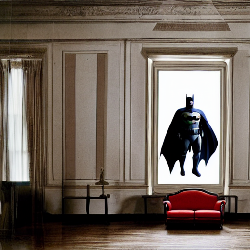 prompthunt: Batman standing in giant Italian modern castle living room,  clean minimalist design, that is 1300 feet tall, with very tall giant walls  filled with modern art paintings, doors that are cosmic