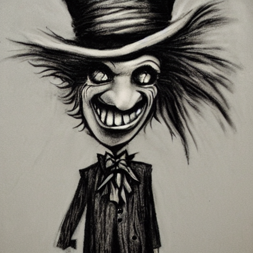 prompthunt: horrifying charcoal drawing of the mad-hatter -willie-wonka-babadook